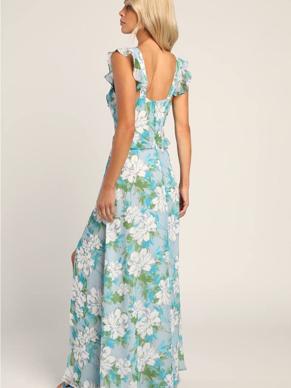 Lulus Maxi Dress Floral V-Neck Ruffle in Light Blue Slit with Flutter Sleeves M